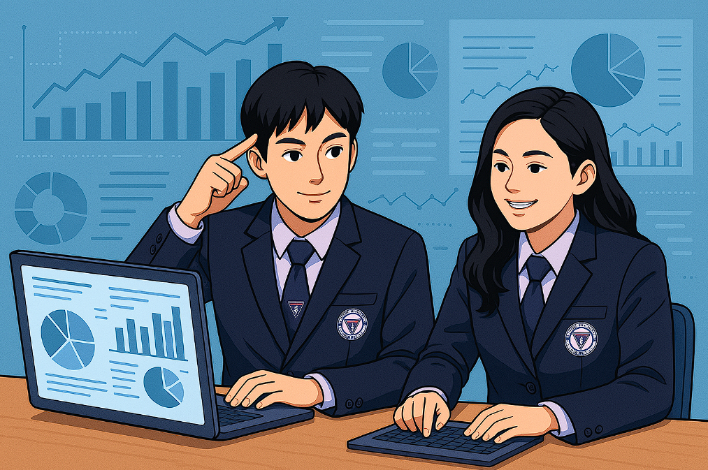 นักศึกษาปวช. และปวส. วิทยาลัยเทคโนโลยีสยามบริหารธุรกิจ SBAC ใส่ชุดสูทกำลังทำ Data Analysis หน้าคอมพิวเตอร์ พร้อมกราฟธุรกิจในพื้นหลัง สะท้อนทักษะด้านเทคโนโลยีและการคิดวิเคราะห์สำหรับผู้ที่ต้องการเรียนต่อสายอาชีพด้านดิจิทัล