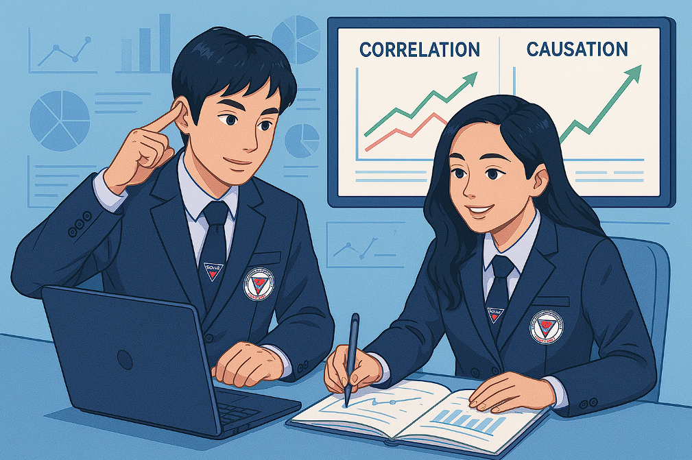 นักศึกษาปวช. และปวส. SBAC ใส่ชุดสูทกำลังวิเคราะห์ความแตกต่างของ Correlation และ Causation จากกราฟข้อมูล พร้อมจดบันทึก เชื่อมโยงการเรียนสายอาชีพกับทักษะการคิดวิเคราะห์สำหรับผู้ที่ต้องการเรียนต่อด้านธุรกิจดิจิทัล วิทยาลัยเทคโนโลยีสยามบริหารธุรกิจ SBAC