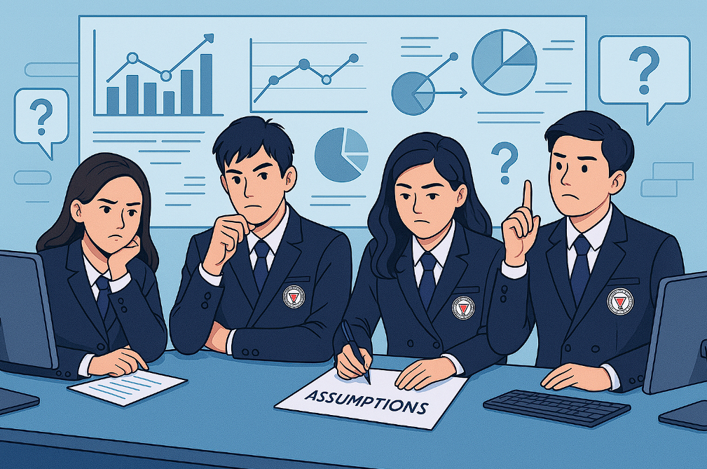 กลุ่มนักเรียนปวช. และปวส. SBAC สวมชุดสูทกำลังตั้งคำถามกับสมมติฐานในการวิเคราะห์ข้อมูล บทสนทนามีเอกสารคำว่า Assumptions และกราฟธุรกิจในพื้นหลัง เหมาะสำหรับผู้ที่สนใจเรียนต่ออาชีวะด้านดิจิทัล การตลาด และเทคโนโลยี  วิทยาลัยเทคโนโลยีสยามบริหารธุรกิจ SBAC