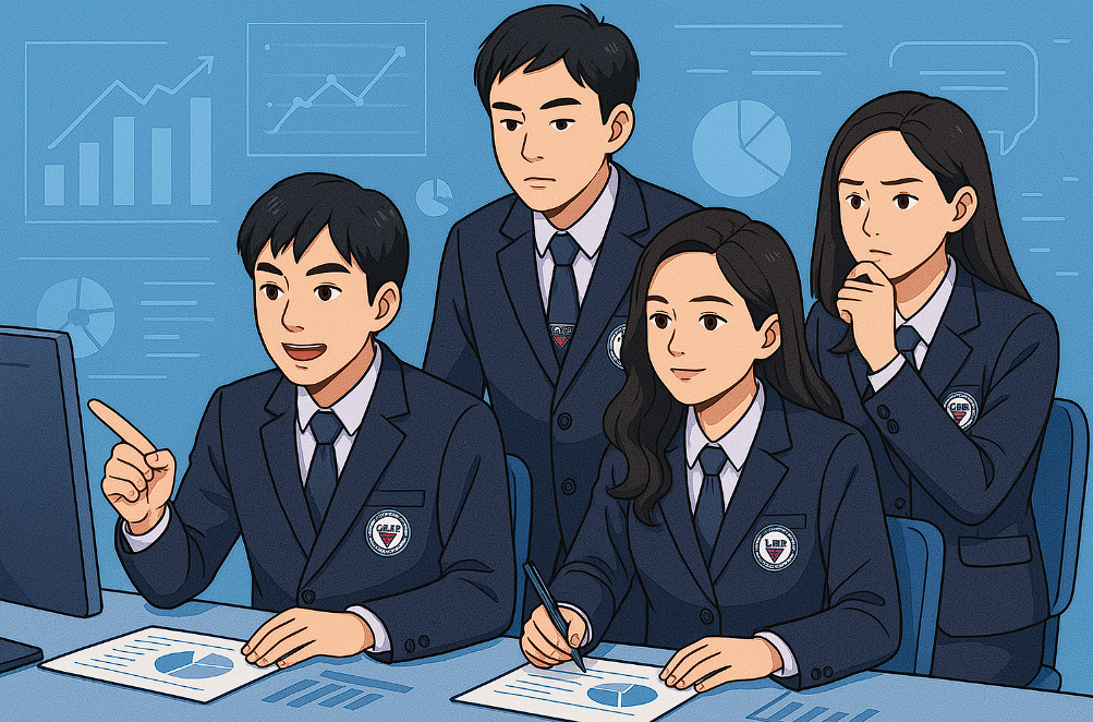 นักศึกษา SBAC ระดับปวช. และปวส. กำลังสื่อสารผลการวิเคราะห์ข้อมูลและทำงานเป็นทีมหน้าจอคอมพิวเตอร์ พร้อมกราฟและแผนภูมิ สะท้อนทักษะด้านธุรกิจและข้อมูลสำหรับผู้ที่ต้องการเรียนต่ออาชีวะยุคใหม่ วิทยาลัยเทคโนโลยีสยามบริหารธุรกิจ SBAC